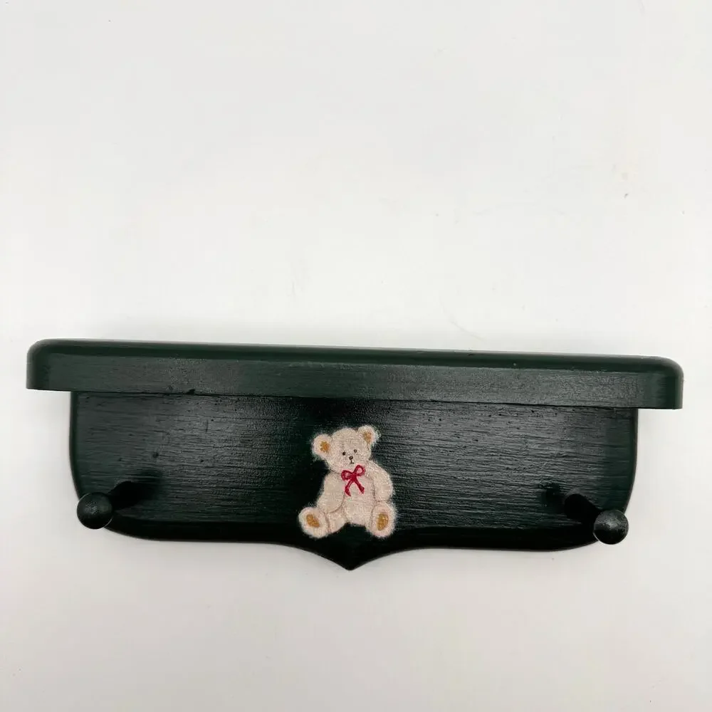 Vintage Teddy Bear Wood Wall Shelf Pegs Nursery Child's Room Green
